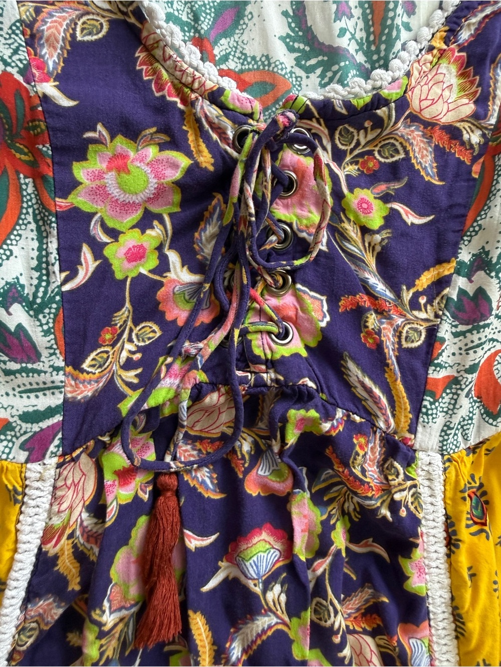 Anthropologie Lilka Patchwork Trapeze Dress Size Medium Boho Floral Rayon - Picture 5 of 10